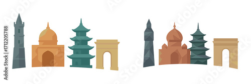 Collection of famous world landmarks architectural silhouettes representing global travel destinations and cultural heritage sites