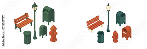 Isometric street furniture set featuring park bench, lamppost, trash can, mailbox, and fire hydrant for urban design