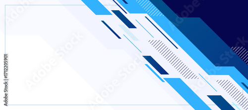 Modern blue geometric shapes and diagonal lines create a dynamic abstract background for technology or business concepts