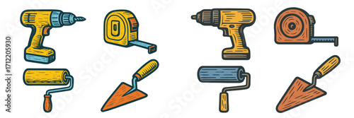 Essential hand tools for construction, home renovation, and do-it-yourself projects including drills, tape measures, paint rollers, and trowels