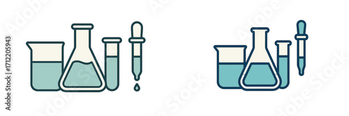 Essential scientific laboratory glassware set with chemical solutions for research, education, and experimental analysis