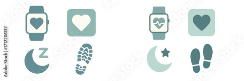 Collection of health and fitness tracking icons featuring smartwatches, heart rate monitoring, sleep patterns, and daily steps