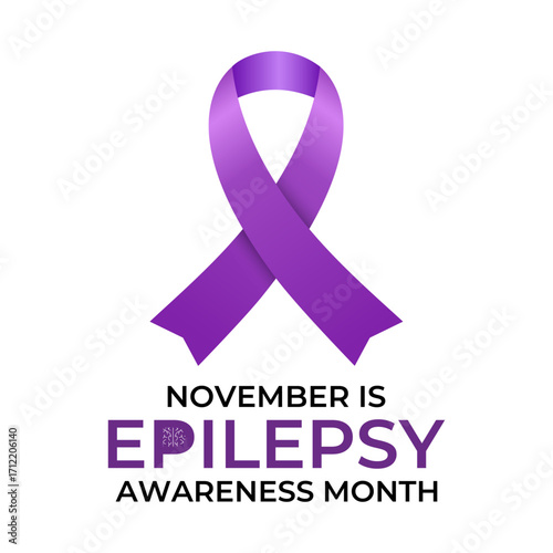 Epilepsy Awareness Month, observed in November, raises awareness about epilepsy, seizures, treatment, and brain health. Purple ribbon and  brain Vector illustration. Banner poster, social media vector