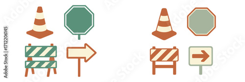 Essential road safety elements: traffic cones, stop signs, construction barriers, and directional arrows