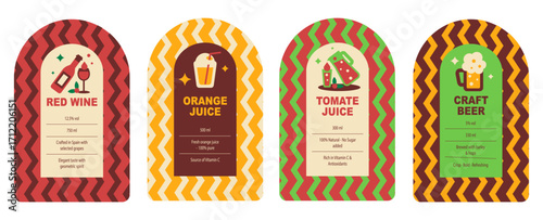 Geometric label collection for wine, beer, tomato juice and orange juice bottles