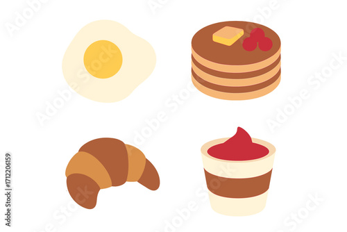 Stylized collection of popular breakfast food items including fried egg pancakes croissant and berry yogurt
