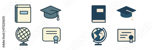 Academic symbols set including school book, graduation hat, world globe, and diploma certificate representing education and learning