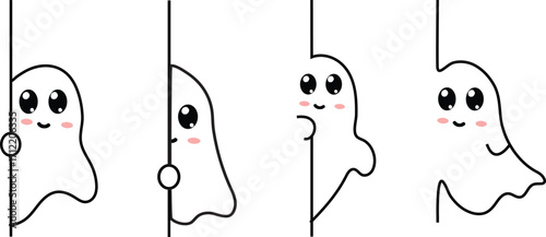 Adorable Cartoon Ghost Peeking from Corners – Cute Halloween Spirit Illustration Set