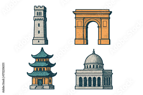Iconic world architecture landmarks collection featuring a medieval tower, triumphal arch, Asian pagoda, and domed government building