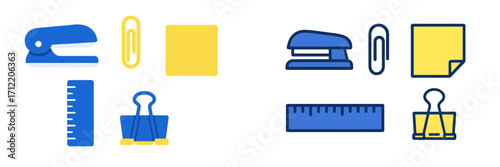 Essential office and school supplies such as stapler paper clip ruler and binder clip for daily tasks and organization