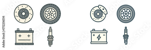 Essential automotive spare parts collection featuring wheels, brake discs, car batteries, and spark plugs for vehicle maintenance