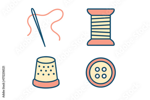 Essential sewing kit items including needle with thread, spool, thimble, and button for crafting and textile work