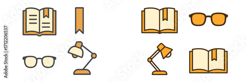 Collection of reading and study items including open books, bookmarks, eyeglasses, and adjustable desk lamps for education