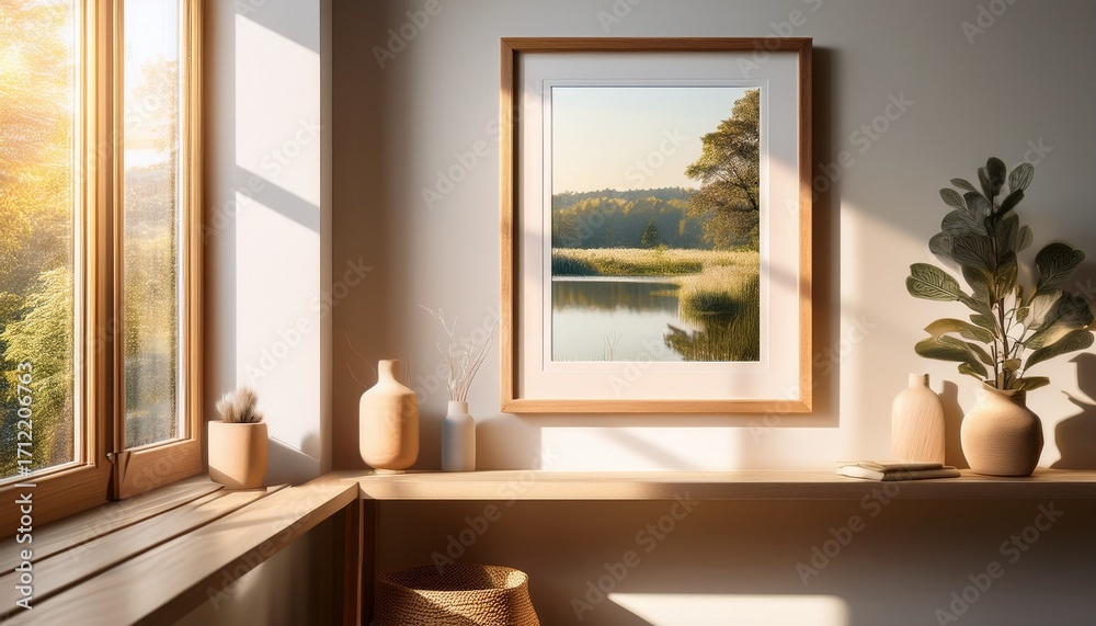 Fototapeta premium wooden framed picture hanging on sunlit wall near window