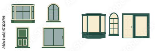 Architectural elements set featuring various windows and doors including bay, arched, and sliding designs for building facades