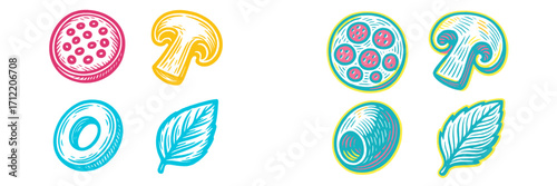 Vibrant pop art style food ingredients icons set featuring pepperoni mushroom olive and basil leaf for culinary and menu design