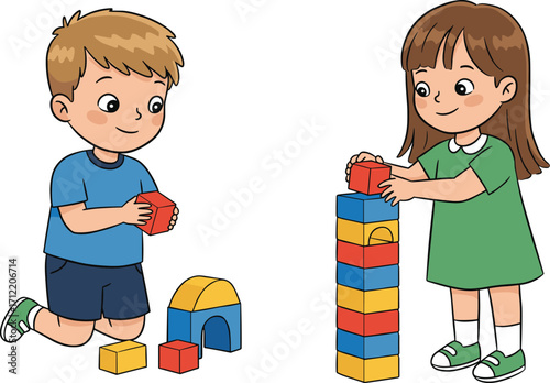 Children building block tower, creative playtime, colorful toy shapes, motor skills development, cartoon vector illustration, teamwork, white  building block tower, creative playtime