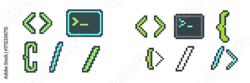 Pixel art programming symbols, code brackets, and terminal prompt icons for software development and retro gaming interface design