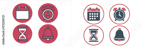 Collection of essential time and notification symbols including calendar, clock, sand timer, and bell
