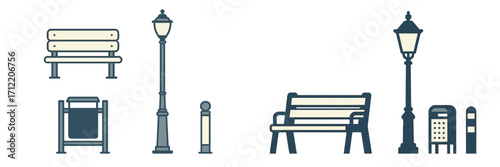 Set of various outdoor city park and street furniture elements including benches, lampposts, and trash cans