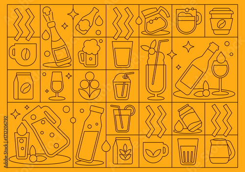 Linear mosaic pattern for hot, cold and alcoholic drinks, outline beverage icons in a vector