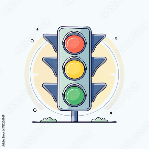 Flat vector illustration of a traffic light with all signals illuminated. Minimalist cartoon icon with a bold outline, representing road safety, rules, and control, isolated on a white background