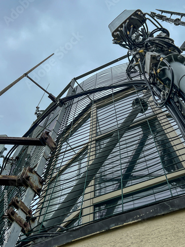 Antenna structures at the top of the Niechorze Lighthouse on the Baltic Sea in Poland