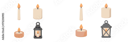Charming collection of various burning candles, including pillar, taper, and tealight, alongside decorative lanterns emitting a warm, inviting glow