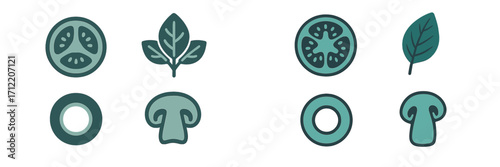 Collection of fresh vegetable and herb elements such as tomato, spinach, olive, and mushroom slices for culinary designs