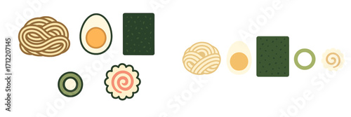 Stylized ramen noodle soup ingredients with egg, seaweed, fish cake, and scallion for Asian cuisine