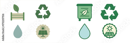 Environmental sustainability icons set featuring recycling, solar power, and natural resource conservation symbols
