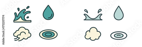 Stylized weather and water elements with various forms like splashes, droplets, clouds, wind, and ripples