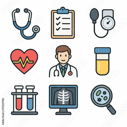 Medical and Healthcare Icons Set Including Stethoscope Medical Chart and X-ray Illustration
