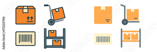 Essential elements for shipping and delivery logistics including cardboard boxes, hand truck, barcode, and warehouse shelving