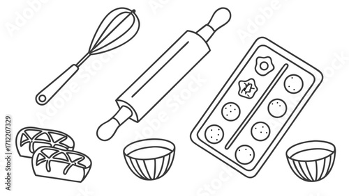 Baking Utensils and Treats Outline Whisk Rolling Pin Mold Bowls and Decorated Cookies