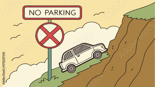Cartoon Car Ignoring No Parking Sign on Steep Hillside