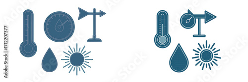 Collection of weather and climate condition icons including thermometer, sun, raindrop, wind vane, and humidity gauge