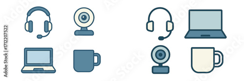 Headphones webcam laptop and coffee mug icons representing online communication and remote work setup
