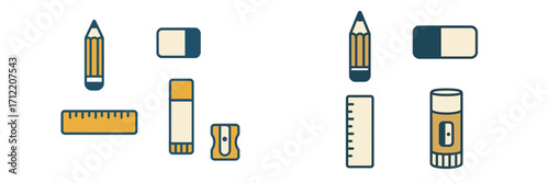 Collection of essential school and office supplies including pencils, erasers, rulers, glue sticks, and sharpeners