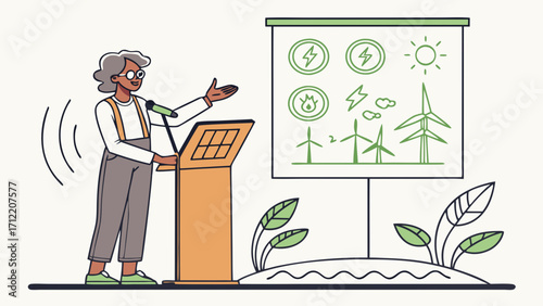 Energetic Speaker Presenting Renewable Energy Solutions at Podium