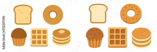 Delicious assortment of popular breakfast items including sliced bread, round bagels, chocolate muffins, square waffles, and stacked pancakes with butter