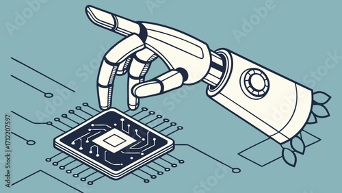 Futuristic Robot Hand Interacting with a Circuit Board