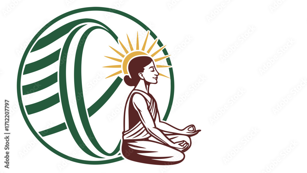 Obraz premium Meditating Woman with Sunburst and Abstract Green Circle Design