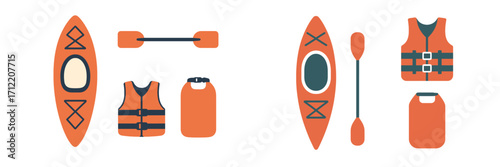 Kayaking and canoeing equipment set with life vests, paddles, and dry bags for water sports adventure