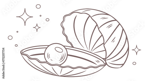 Line Art Illustration of Pearl in Open Seashell with Sparkling Accents