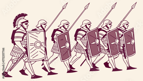 Marching Roman Legionnaires with Spears and Shields in Uniform Formation