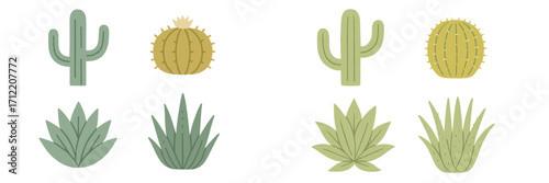 Stylized desert plants set featuring a diverse collection of cacti and succulent species with subtle textures