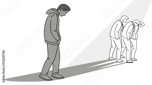 Monochrome Illustration Solitary Figure in Hoodie with Fading Businessmen