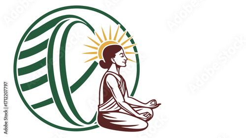 Meditating Woman with Sunburst and Abstract Green Circle Design