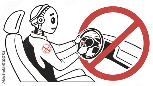 Robotic Driver Prohibited Illustration of a robot behind the wheel with a nodriving symbol